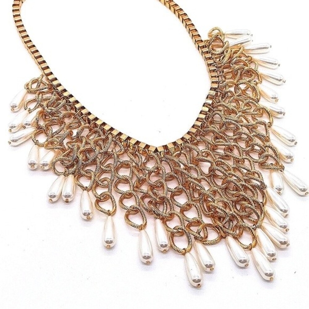 CHICO'S 20" Pearl Drops Statement  Necklace in Gold Tone Franco Chain